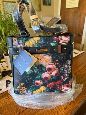 Adrienne Vittadini Black Floral Tote with Pink & Yellow Blooms